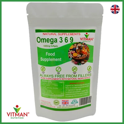VITMAN NUTRITION Omega 3 6 9 1000mg Pure Natural 365 Softgels - HIGH PURITY EPA DHA - No Fillers