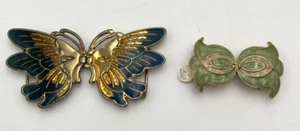 Vintage Paquette Gold Tone Butterfly Belt Buckles, And Green/Cream Enamel Set - Picture 1 of 6