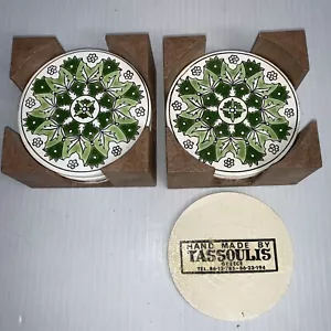 2 Sets- 6 Tassoulis Greek Hand Made Ceramic Coasters With Holders Green Leaf - Picture 1 of 6