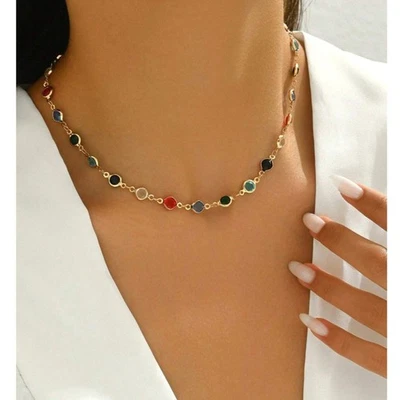 Collar Gargantilla Colorida Redonda con Incrustaciones de Cristal Clavícula Cadena Dorada Gemas Ajustables Foto 1 de 4