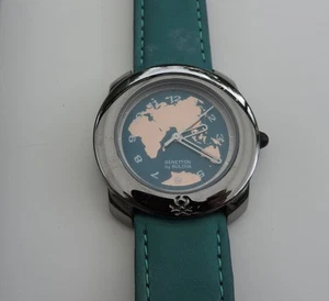 Armbanduhr United Colors of Benetton by Bulova - grün - Lederarmband - Weltkarte - Bild 1 von 5
