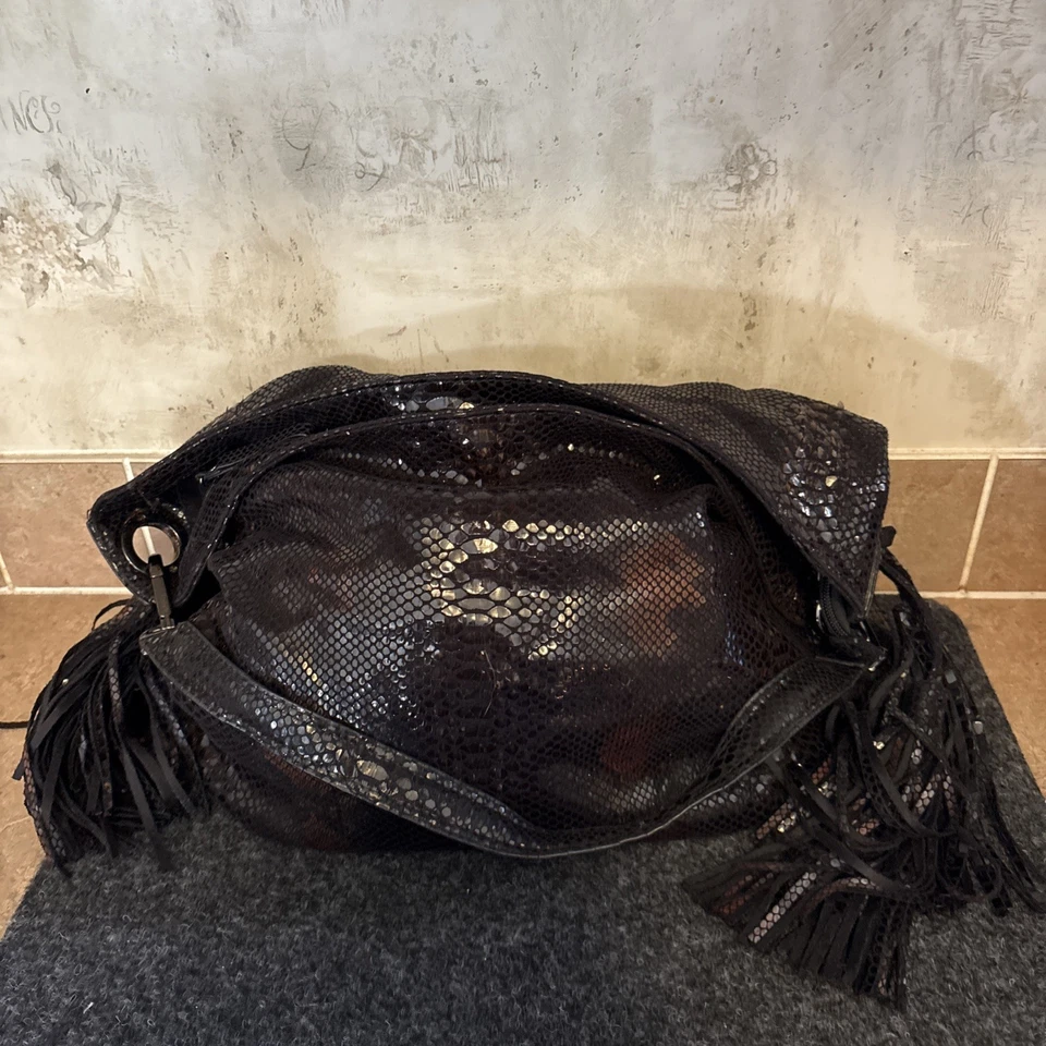 sondra roberts squared purse Black shiny snake skin fringe Boho Slouchy Bag - Image 1 of 4