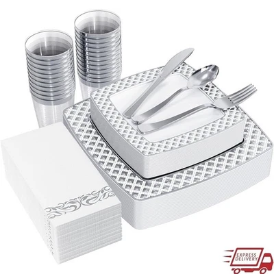 Heavy Duty Disposable Silver Dinnerware Set 25 Plates Forks Knives Cups Napkins - Image 1 of 4