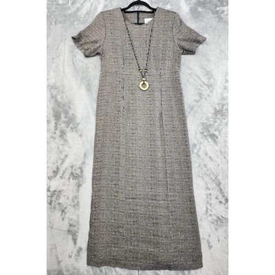 Vintage Just In Thyme Striped Maxi Dress Size 8 Blue Beige Wood Bead Necklace - Image 1 of 4