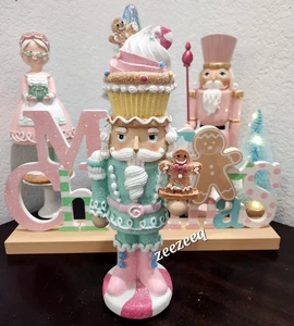 Cupcake Gingerbread Nutcracker Figure Pastel Pink Christmas Figurine 12" - Picture 1 of 7