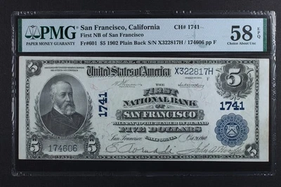 San Francisco CA $5 1929 National Currency Note Ch.1741 PMG 58EPQ Choice AU - Image 1 of 2