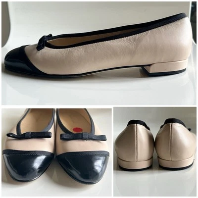 NUEVO Stuart Weitzman Captura Negro Cuero Desnudo Ballet Planos 7 Puntera Arco $385 Foto 1 de 4