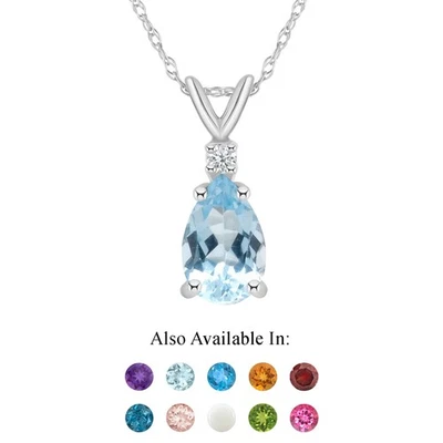14K White Gold 8x5mm Pear Shape Natural Aquamarine Diamond Accent Pendant - Image 1 of 4