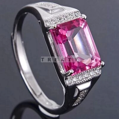 Anel masculino de prata esterlina 925 com pedra preciosa corte esmeralda safira rosa #93 - Imagem 1 de 4