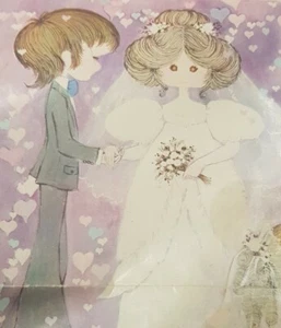 Norcross Vintage Wrapping Paper Wedding Hearts Bridge Groom Holly Hobbie like - Picture 1 of 9