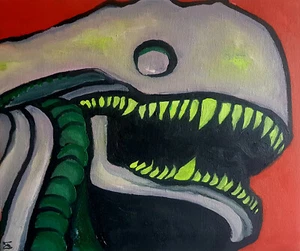 OIL PAINTING CANVAS FACE ALIEN MONSTER BAKEMONO GREY RED NEON POP ART SIGNED - Picture 1 of 1