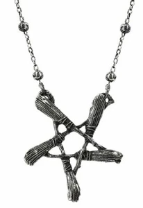 Restyle Witches Broom Pentagram Wiccan Pagan Gothic Punk Silver Pendant Necklace - Picture 1 of 3