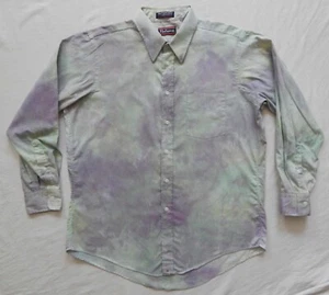 Tie Dye Green Purple Long Sleeve Button Down Shirt - Large Mens Hand Made - Picture 1 of 8