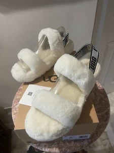 UGG Womens Fluff Yeah Slide Cali Collage Backstra White Shearling Logo Size 10 - Picture 1 of 5