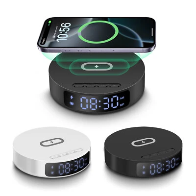 Wireless Charger Digital Alarm Clock For iPhone 16 Pro 15 Samsung S25 Ultra S24+ - Image 1 of 4
