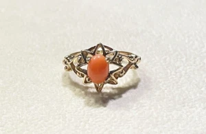 Genuine 10k Yellow Gold Oval Cabochon Natural Hawaiian Salmon Pink Coral Ring - Picture 1 of 8