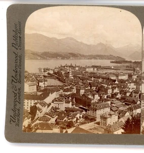 Antique Stereoview card birds eye view village Lucerne Lake Switzerland #7 photo - Picture 1 of 4