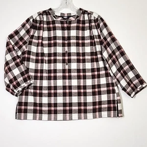 Lands End Plaid Flannel Tunic Popover Shirt Women M 10-12 Brown Pink 3/4 Sleeve - Picture 1 of 14