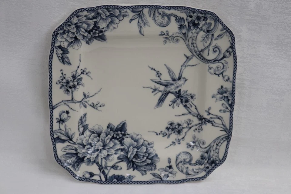 222 FIFTH ADELAIDE BLUE & WHITE FLOWERS BIRDS SQUARE DINNER PLATES -NEW- SET 4 - Image 1 of 1