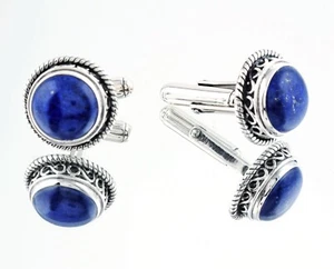 Runde Lapislazuli Edelstein Manschettenknöpfe Sterlingsilber Herren Schmuck W... - Bild 1 von 5