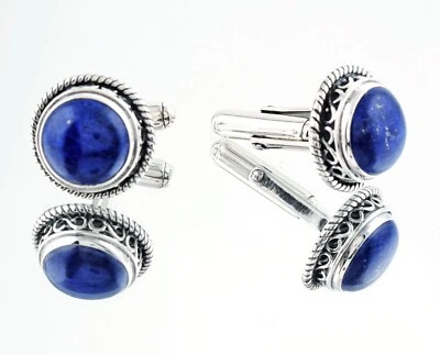 Круглые запонки из чистого серебра с лазуритом мужские ювелирные изделия рождественский подарок - Изображение 1 из 4