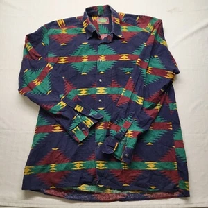 Vintage Globe Trotter Shirt Mens Large Blue Button Up Southwestern Aztec Cotton - Picture 1 of 12