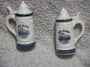 Six Flags White Blue Mini Stein Souvenir Salt & Pepper Shakers Georgia Texas - Picture 1 of 7