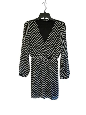 Express Black & White Chevron Dress Sheer Lined VNeck Womens Size XS Long Sleeve - Image 1 of 4