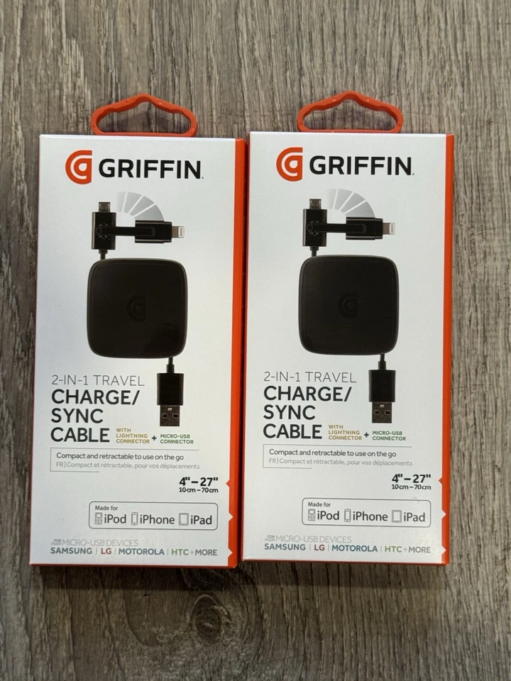 2 Pack! Griffin 2 in 1 Travel Charge/Sync Cable (Lightening Cable & Micro USB) - Image 1 of 1