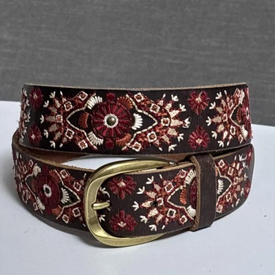 Cinturón Lucky Brand S Cuero Marrón Bordado Latón Boho Western Hippie 32-36" Foto 1 de 4