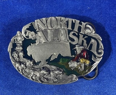 De colección 1984 Siskiyou North to Alaska Cinturón Hebilla Peltre Perro Trineo Fiebre del Oro Y-23 Foto 1 de 3