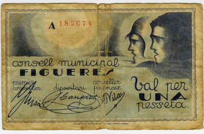 # SPAIN CIVIL WAR 1937 • FIGUERES 1 PTA. MUNICIPAL ☆ GUERRA CIVIL ESPAÑOLA☆D1517 - Image 1 of 2