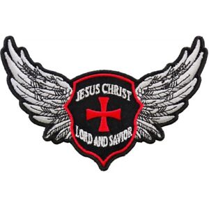 Jesus Christ Lord and Savior Winged Shield Embroidered Sew on Patch 5" x 2.1/2"