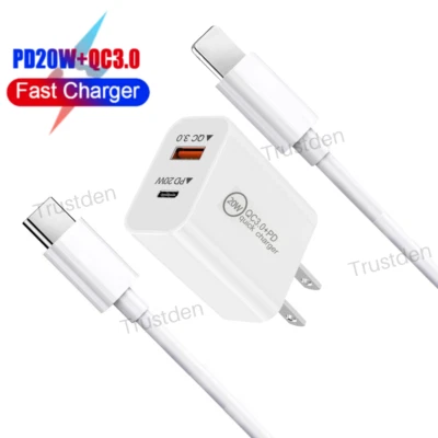 Para iPhone 13 12 11 8 20W PD QC 3.0 Cargador Rápido Enchufe Adaptador de Alimentación Cable USB C Foto 1 de 4