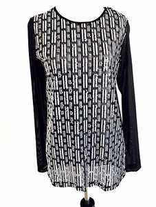 ISAAC MIZRAHI Tunic Top Womens Size S Fit Long Sleeve Sheer Sequins Black - Foto 1 di 10