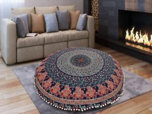 32" Peacock Floor Pillow Cover Round Cotton Elephant Animal Pouf (Cover Only) 