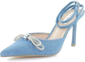 Steve Madden Women's Sherise Rhinestone Bow Ankle-Strap Pumps - Denim, Size 6 - Picture 1 of 8