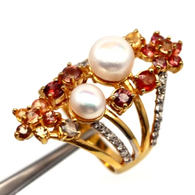 Edelstein Weißer Perle, Saphir & Zirkon Schmuckring 925 Silber Größe 7,75 - Bild 1 von 4