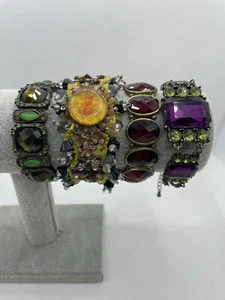 Bundle of 4 Vintage Bracelets Crystal Chip Cuff Red Green Purple Glass Festival - Picture 1 of 19