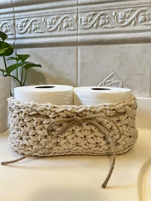 Soporte para cesta de papel higiénico de ganchillo hecho a mano de 2 rollos beige Foto 1 de 4