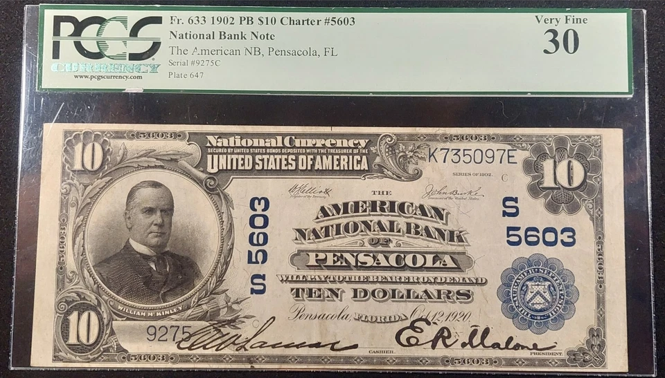 1902 $10 National Bank Note CH5603 FR633 Pensacola, Florida PCGS 30 VF, - Image 1 of 2