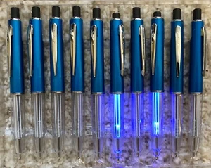 10 Ballpoint Pens With BRIGHT BLUE LED LIGHT/ Fine Point Black Ink UNIQUE-NEW - Picture 1 of 12