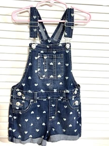 Wonder Nation Hearts Denim Blue Jean Short Overalls Girls Size 5T Valentines Day - Picture 1 of 11