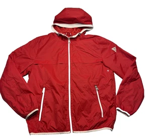 Guess Jacket Mens Large Red Hooded Windbreaker Full Zip Logo Pockets Lightweight - Picture 1 of 15