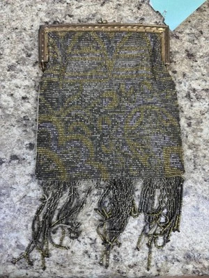 Antique French Micro Steel Bead Purse - Vintage Metal Beaded Fringe Flapper Bag - Image 1 of 4