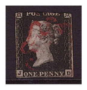 SG2 1d Penny Black plate 7 J-D corner letters. Two margins, red Maltese Cross. - Picture 1 of 2