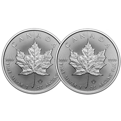 Lote de 2 - 2025 $5 hoja de arce canadiense de plata 1 oz BU Foto 1 de 2