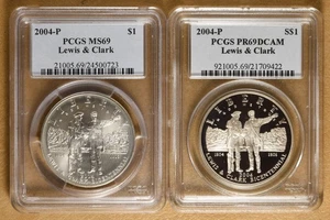 2004 Unc & Proof Lewis & Clark Commemorative Silver Dollars PCGS MS69 & PR69DCAM - Picture 1 of 2