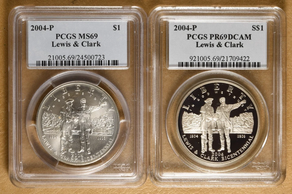 2004 Unc & Proof Lewis & Clark Commemorative Silver Dollars PCGS MS69 & PR69DCAM - Image 1 of 2