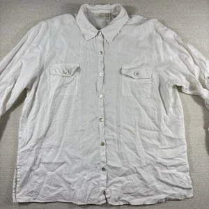 Studio Works 100 % Leinen geknöpfte Bluse Damen groß weiß Roll-Tab Shell Knopf - Bild 1 von 15